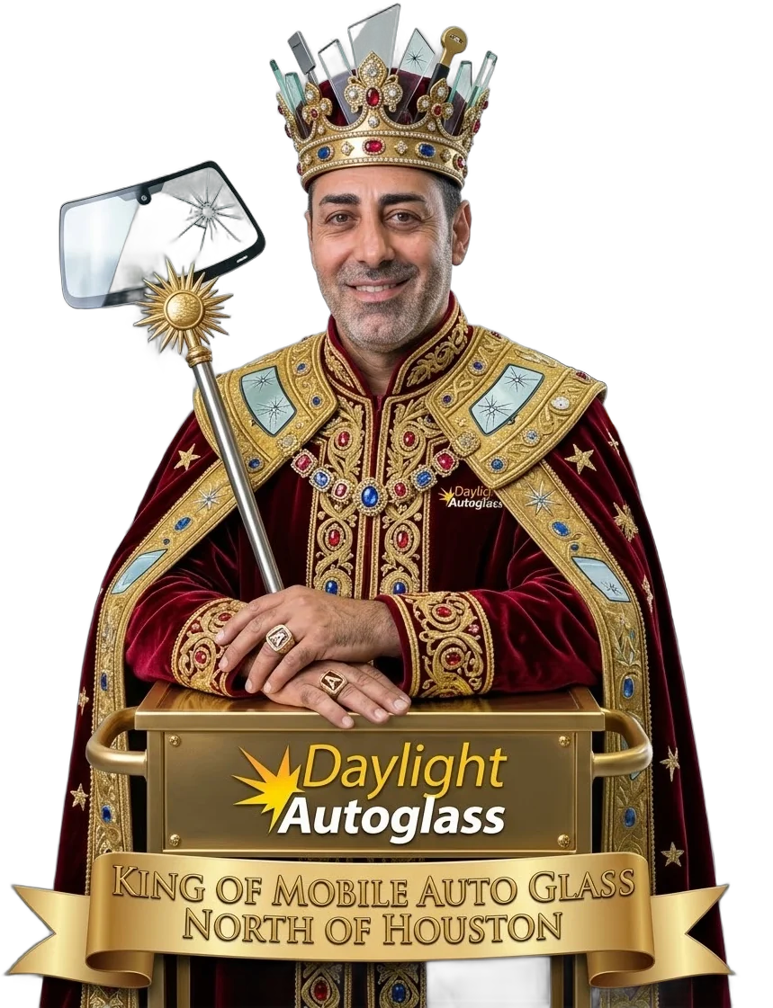 Illustration of owner Adnan Dinkha as the "King of Mobile Auto Glass," wearing a crown and royal robe behind a Daylight Autoglass podium
